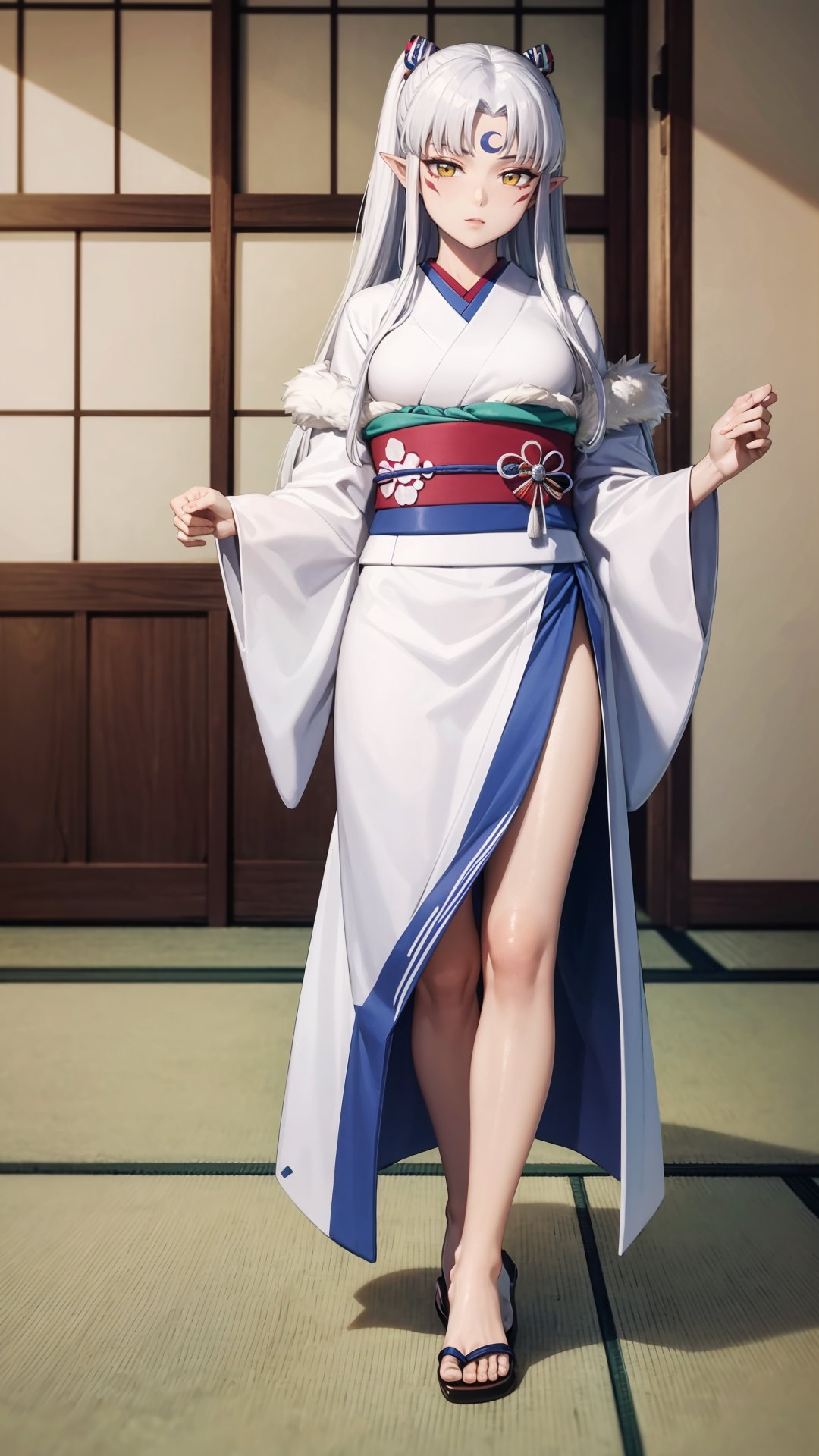 (masterpiece, best quality),ray tracing,absurdres, HDR,Sesshomaru imoto, 1girl, japanese clothes, solo, kimono, long hair, white hair, crescent, forehead mark, full body, facial mark, pointy ears, d, sash,fur,  two side up, fur, obi, yellow eyes, moon on the forehead, barefoot,looking at viewer, indoors,<lora:Sesshomaru imoto:0.7>