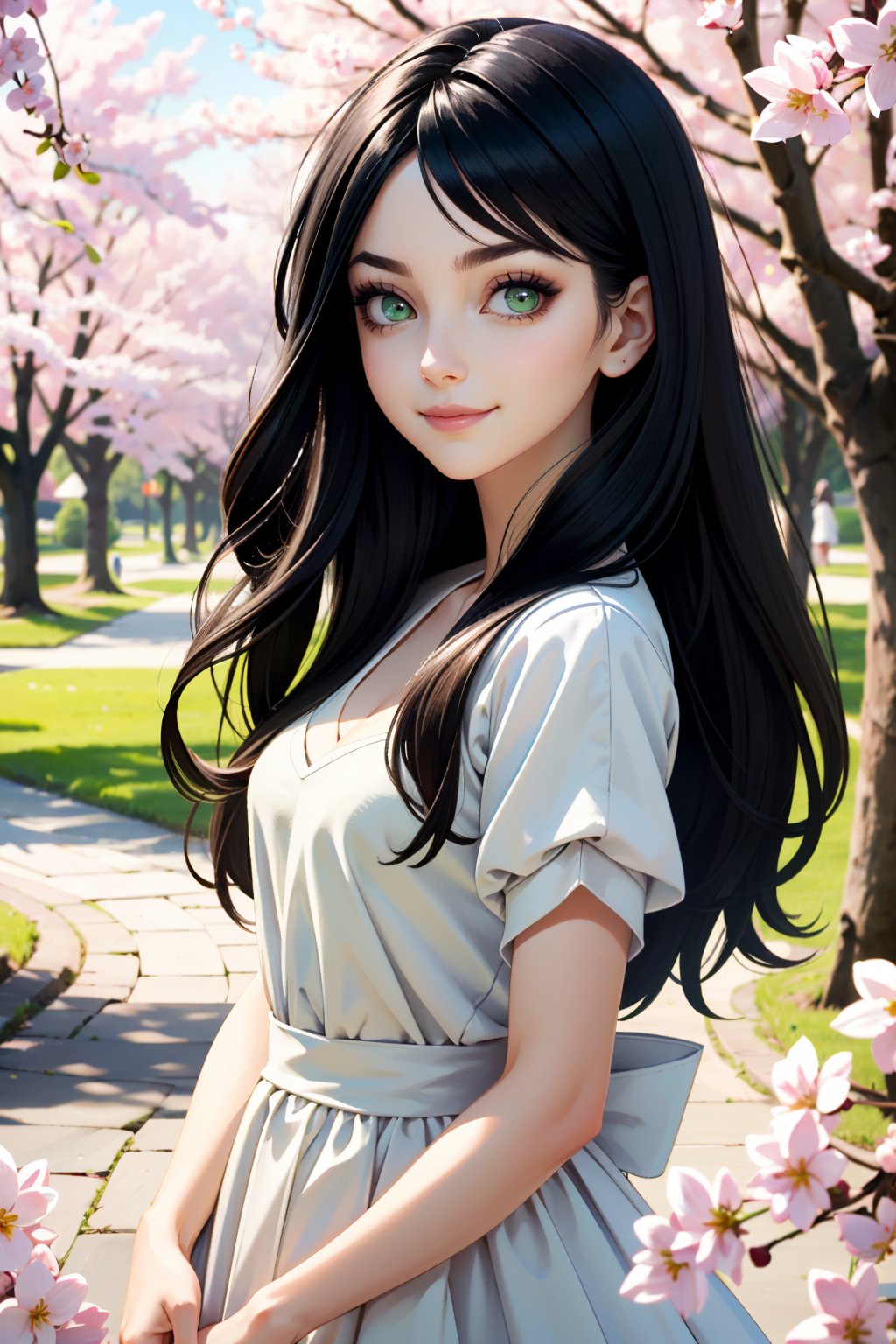 ((ultra detailed, masterpiece, best quality))<lora:AliceMadness:0.8>AliceMadness, 1girl, solo, long hair, black hair, green eyes, Amongst blooming cherry blossoms in a park, soft natural light, a flowing spring dress, a gentle smile capturing the essence of joy