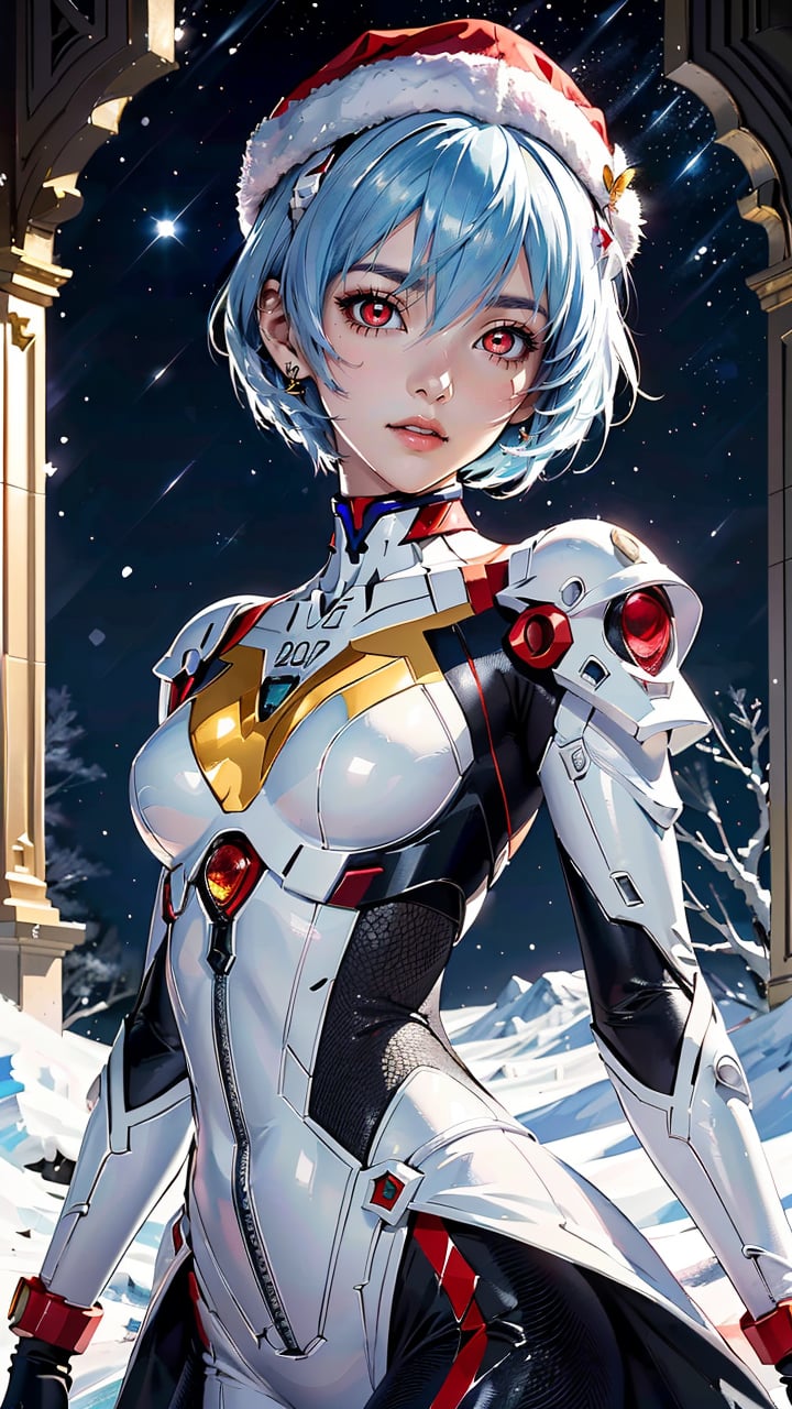 (best quality, masterpiece, colorful, dynamic angle, highest detailed)(\Rei Ayanami\), upper body photo, fashion photography of cute girl (\Rei Ayanami\), red eyes, dressing high detailed Evangelion white suit, Santa Clauss hat, (high resolution textures), in dynamic pose, bokeh, (intricate details, hyperdetailed:1.15), detailed, moonlight passing through hair, perfect snowing night, (fantasy background, official art, extreme detailed, highest detailed), HDR+