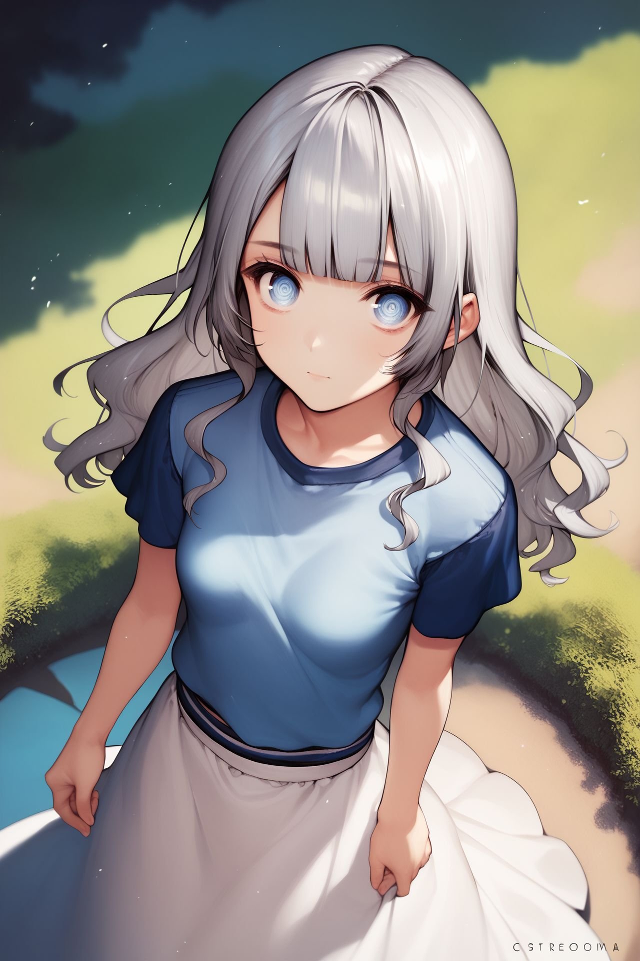 score_9, score_8_up, score_7_up, 1girl, looking at viewer, beckoning, :3, grey hair, blunt bangs, wavy hair, detailed eyes, small breasts, light blue clothes, sidelighting, outdoors, from above <lora:necomi_PonyXL_style_v02:1>