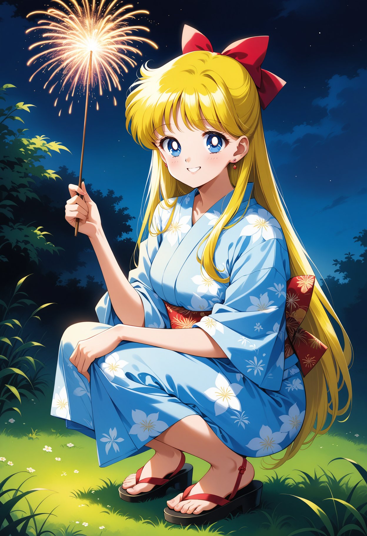 (masterpiece, best quality, very aesthetic, ultra detailed), intricate details, 4k, aavenus, long hair, blonde hair, hair bow, earrings, blue eyes, <lora:sailor_venus_animaginexl_v2:0.9>, grass, smile, holding fireworks, night, yukata, kimono, smile, squatting, sandals,