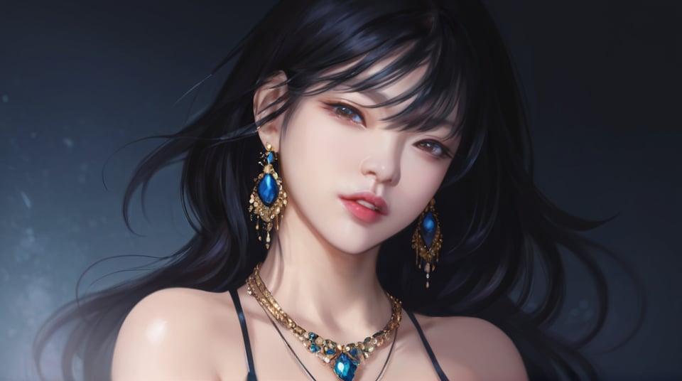 (best quality), ((masterpiece)), (highres), illustration, original, extremely detailed, <lora:ACG ART_V:0.7>jewelry, 1girl, earrings, black hair, necklace, lips, parted lips, gem, looking at viewer, long hair