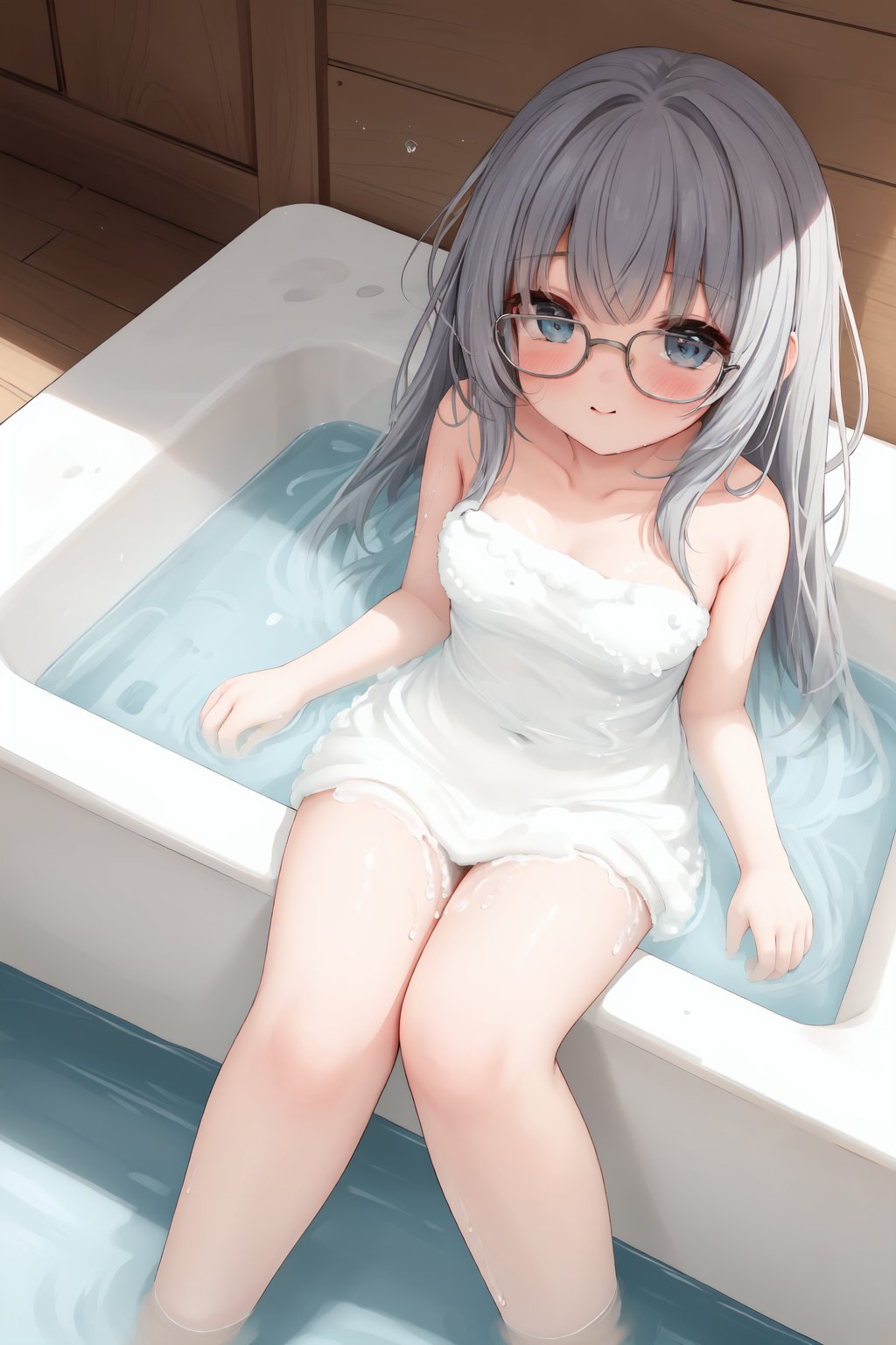 bubble bath, foam mustache, (covered in foam), frosted glasses, take a bath, dutch angle, feet out of frame, (cute girl)