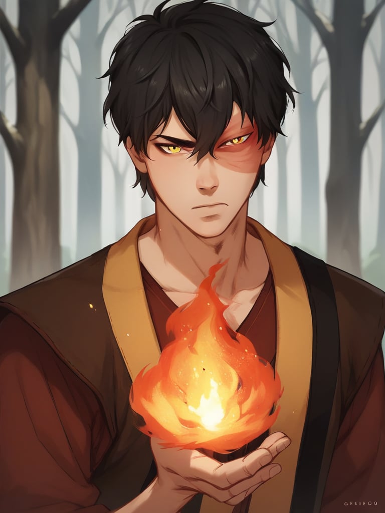 score_9, score_8_up, score_7_up, score_6_up, score_5_up, score_4_up, source_anime, portrait of  Zuko man, black hair, yellow eyes, holding fire, forest background, <lora:Zuko-000002:1>