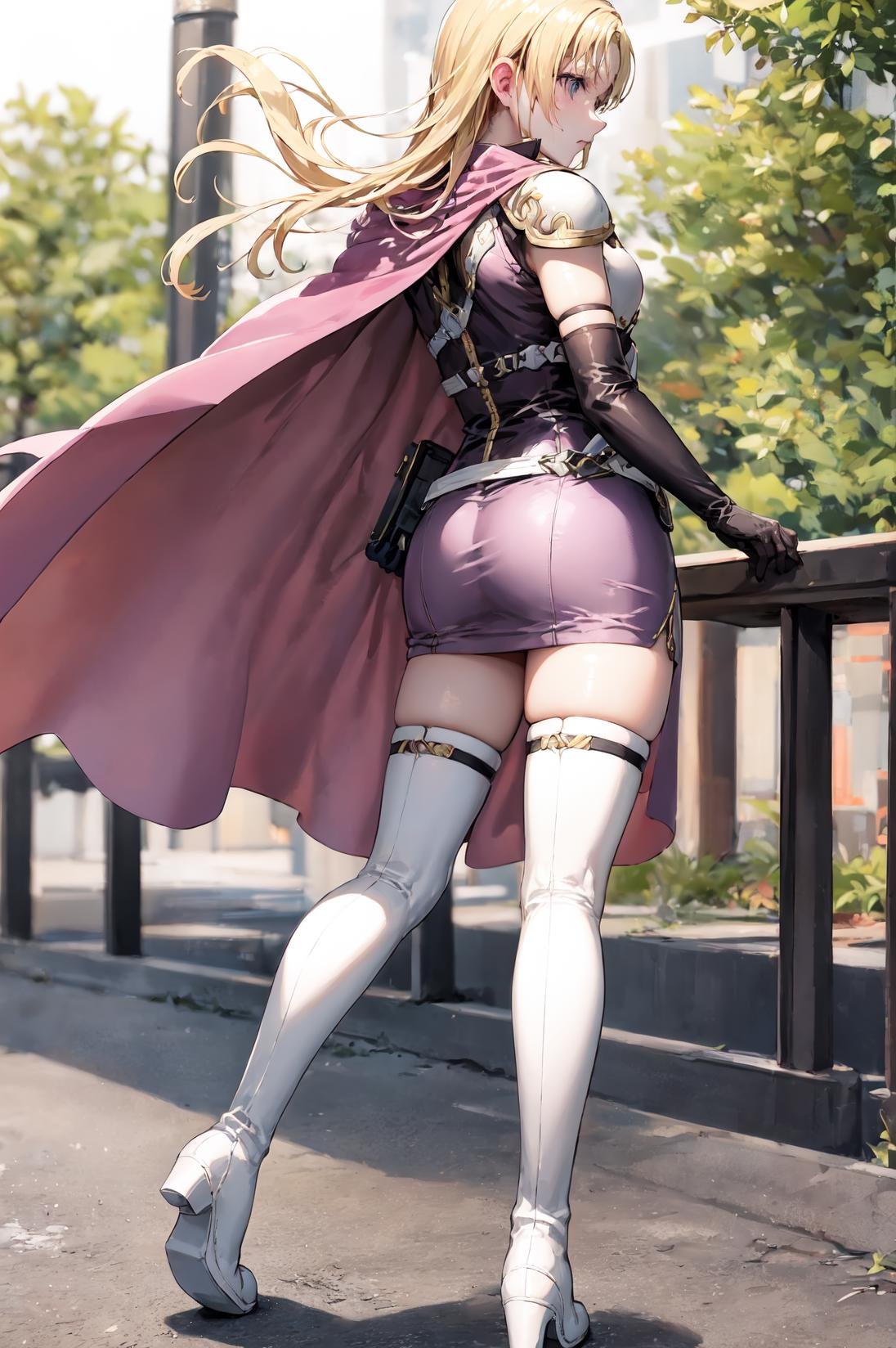 from behind,<lora:louiseV1:0.9>, def_louise,blonde hair,  zettai ryouiki, gloves, thighhighs,  boots, cape, thigh boots, elbow gloves,white footwear, shoulder armor,belt, skirt, asymmetrical gloves, short dress, breastplate, white gloves, dress,outdoors,(masterpiece, best quality, ultra-detailed, best shadow) ,