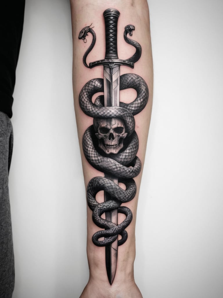 tattoo, tattoo style, (monochrome:1.5) The sword with the vicious snake wrapped around it<lora:SDG-Tattoo-Lora-SDXL:1>