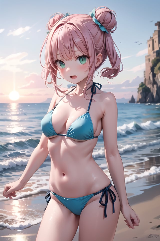 insanely detailed, absurdres, ultra-highres, ultra-detailed, best quality,1girl, solo, nice hands, perfect handsBREAK(pastel colored bikini:1.3)BREAKexpressionless, open mouth,standing, seductive pose, cowboy shotBREAKslender, kawaii, perfect symmetrical face, ultra cute girl, ultra cute face, ultra detailed eyes, ultra detailed hair, ultra cute, ultra beautifulBREAKEvening sea Capture the mesmerizing beauty of the ocean as the sun sets, painting the sky with warm hues, depth of field, ultra detailed backgroundBREAKmedium large breasts, cleavage, extremely detailed navel,  (shiny skin:1.3)BREAKred hair, green eyes, ballerina bun,
