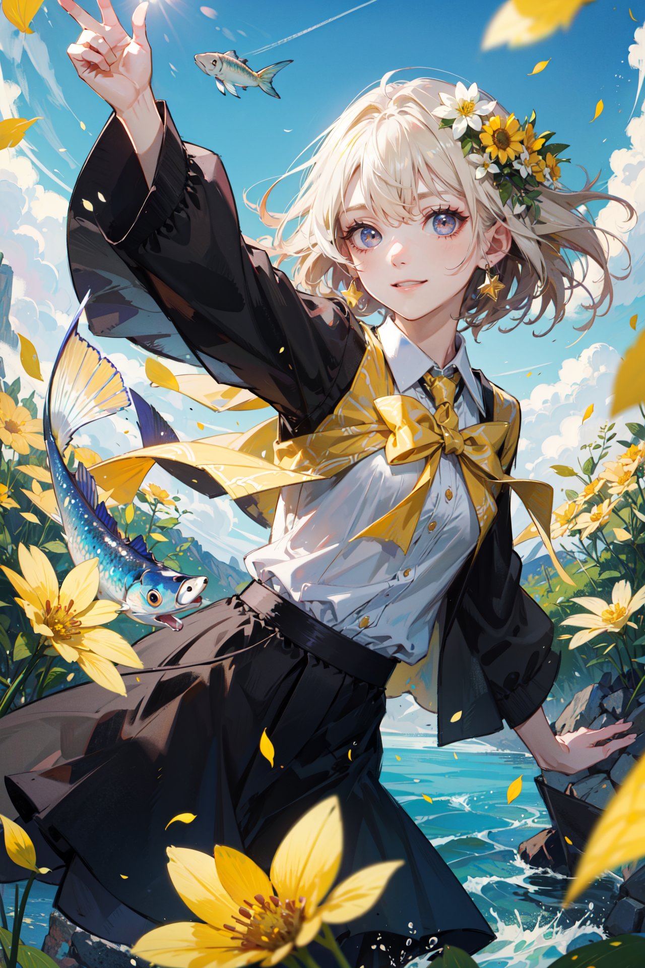 ((best quality, masterpiece, absurbres, super-resolution)), Fish eye lens, Spring, Yellow flower petals flying, (Windy:1)