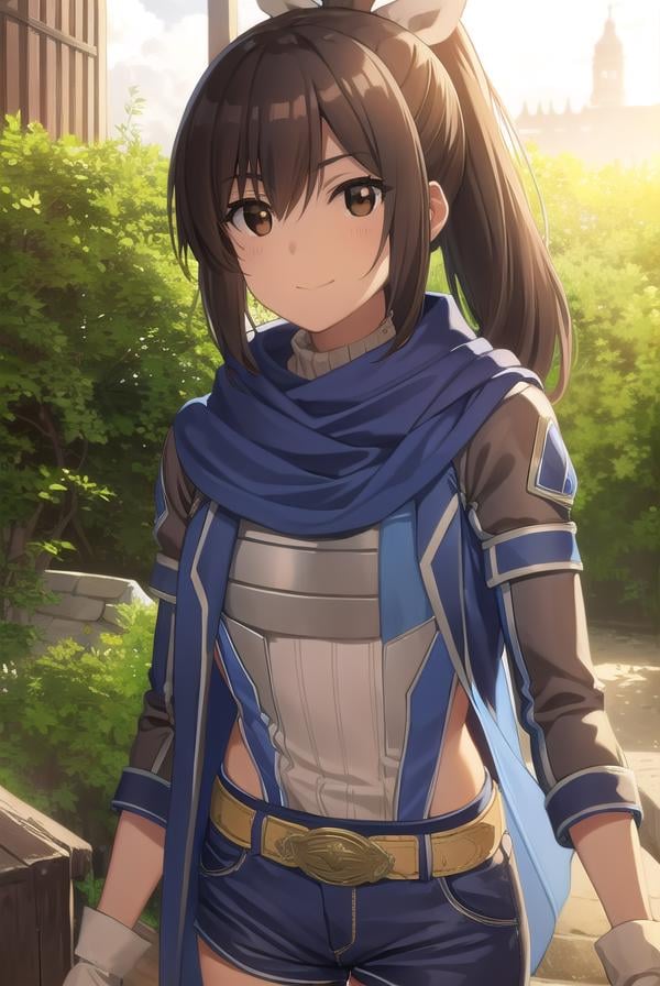 bofurisally, <lora:bofuri sally s2-lora-nochekaiser:1>, sally, long hair, brown hair, (brown eyes:1.5), ribbon, hair ribbon, ponytail, smile,BREAK gloves, shorts, scarf, blue scarf, shirt, white shirt, puffy sleeves, long sleeves, belt, denim shorts,BREAK outdoors, nature, forest, sun, sky, clouds, trees, grass,BREAK looking at viewer,BREAK <lyco:GoodHands-beta2:1>, (masterpiece:1.2), best quality, high resolution, unity 8k wallpaper, (illustration:0.8), (beautiful detailed eyes:1.6), extremely detailed face, perfect lighting, extremely detailed CG, (perfect hands, perfect anatomy),