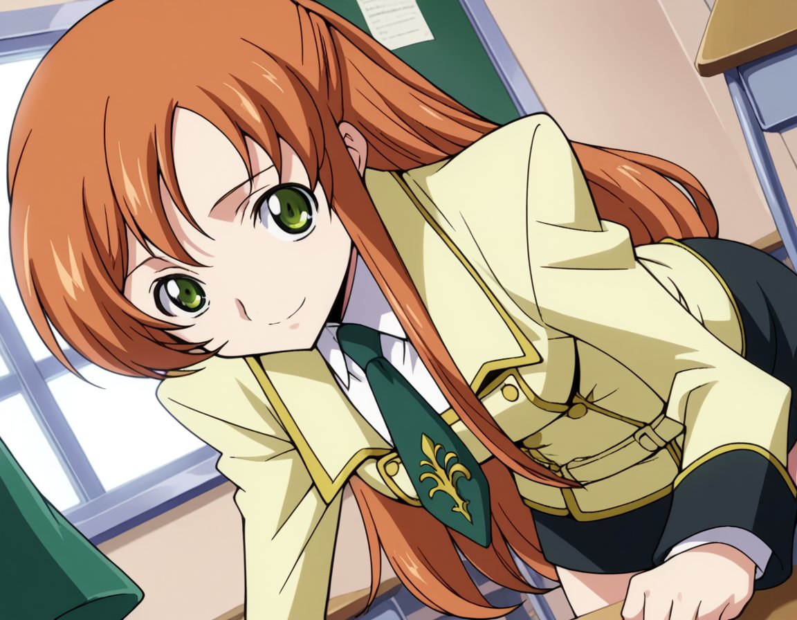 score_9, score_8_up, score_7_up, source_anime,shirleyfenette, <lora:shirley-fenette-s1-ponyxl-lora-nochekaiser:1>,shirley fenette, orange hair, green eyes, half updo, long hair,ashford academy school uniform, buttons, long sleeves, necktie, school uniform, skirt, black skirt,indoors, classroom, smile, bent over,looking at viewer, dutch angle, cowboy shot, solo,