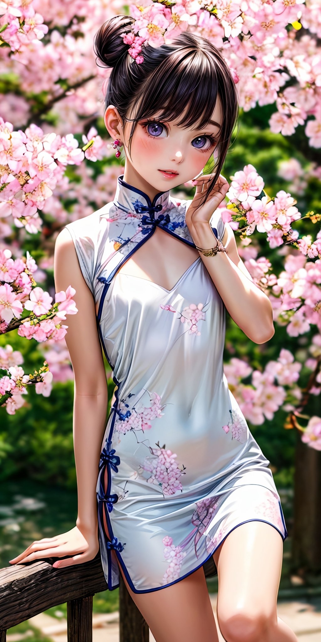 (masterpiece,ultra-detailed,best quality,8K,illustration:1.0),(petite girl:1.2) <lora:more_details:1>, flower, outdoor,cute face,  <lora:n china dress v1.0:0.4> jyojifuku, china dress, jewelry, earrings, hair bun,mini skirt,open chest <lora:cherry blossom:0.4> cherry blossom