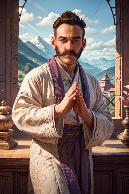 score_9, score_8_up, score_7_up, score_6_up<lora:ACStarrick:1.0>ACStarrick, 1boy, brown hair, beard, looking at viewer, at an ancient temple in the mountains, dressed in monk robes, meditative pose, mist surrounding, calm and spiritual atmosphere, early morning light