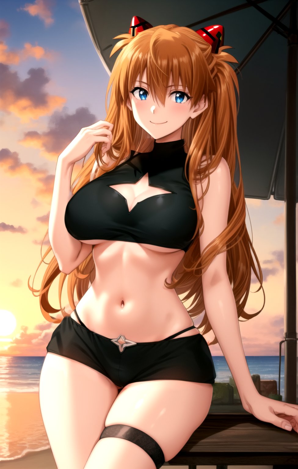 masterpiece, best quality, best aesthetic, anime, ultra detailed,souryuu asuka langley, 1girl, solo, yamibikini2, (black bra, sport bra:1.2), (cleavage cutout:1.2), (black shorts, boyshorts:1.2), (lowleg), (thigh strap:1.2), (large breasts, wide hips:1.2), (long hair, orange hair:1.2), blue eyes, (smile, closed mouth:1.2), cowboy shot, looking at viewer, outdoors, beach, sunset<lora:EMS-179-EMS:0.200000>, <lora:EMS-364789-EMS:0.900000>