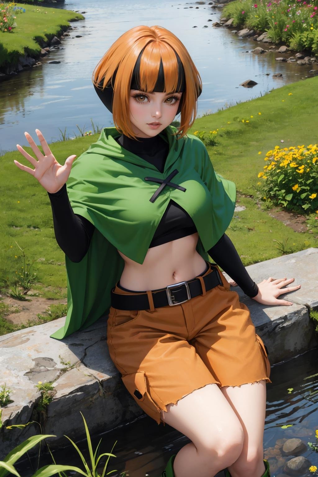 masterpiece, best quality,  <lora:gardenia-nvwls-v1-000008:1> natane, multicolored hair, green capelet, black shirt, long sleeves, midriff, belt, orange shorts, large breasts, green boots, sitting, from above, looking at viewer, waving, river, field, flowers