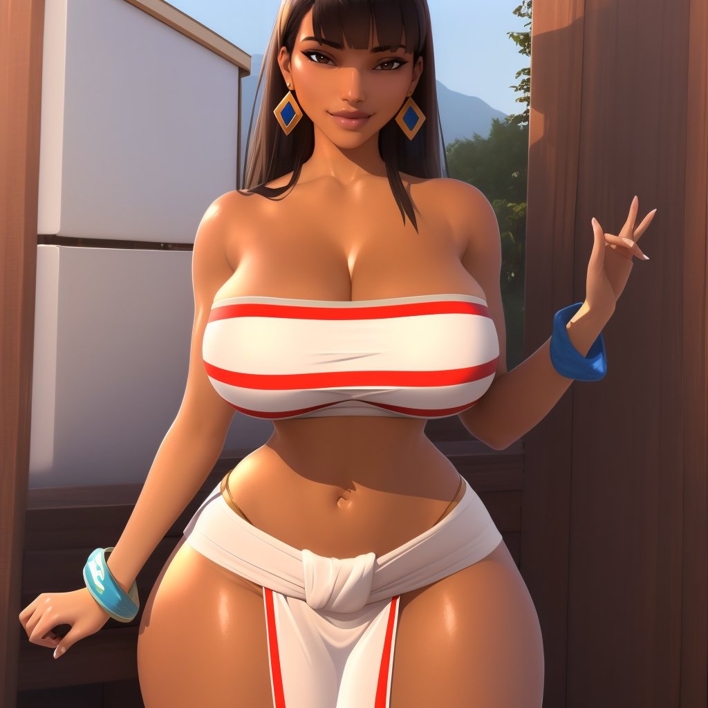 (masterpiece, best quality:1.3), Popogori1, 1girl, solo, looking at viewer, wide hips, mature female, closed mouth, seductive smile, large breasts, cowboy shot, thick thighs,  <lora:Popogori1 Style Lora:1>, bangs, black hair, white loincloth, tube top, bracelet, earrings, brown eyes, midriff, dark skinned female, collarbone, cleavage, <lora:chel_eldorado:.8>