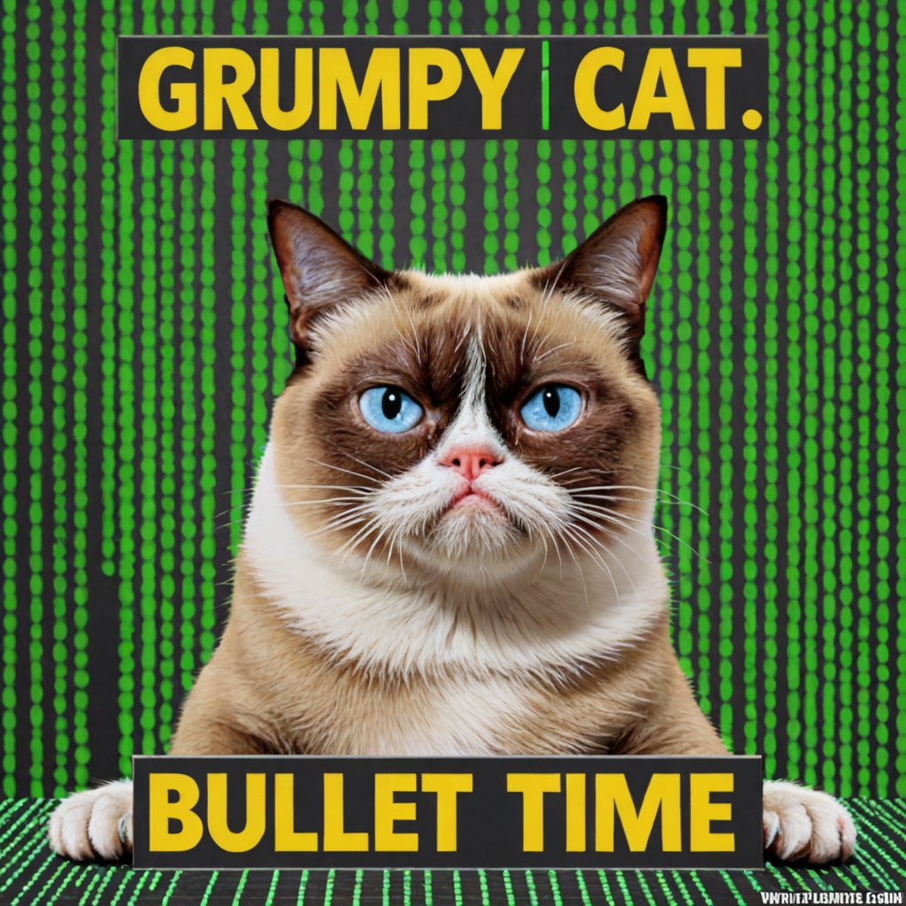Photo of grumpy cat IN MATRIX with a sign saying "bullet time" with matrix code background 