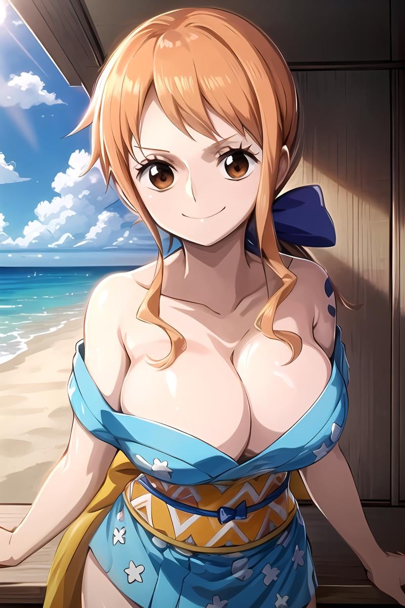 <lora:SC-OP_Nami_Kimono:1>, opn4m1k1m0n0, 2d, masterpiece, best quality, anime, cowboy shot, smile, kimono, obi, hair bow, cleavage, ponytail, beach 