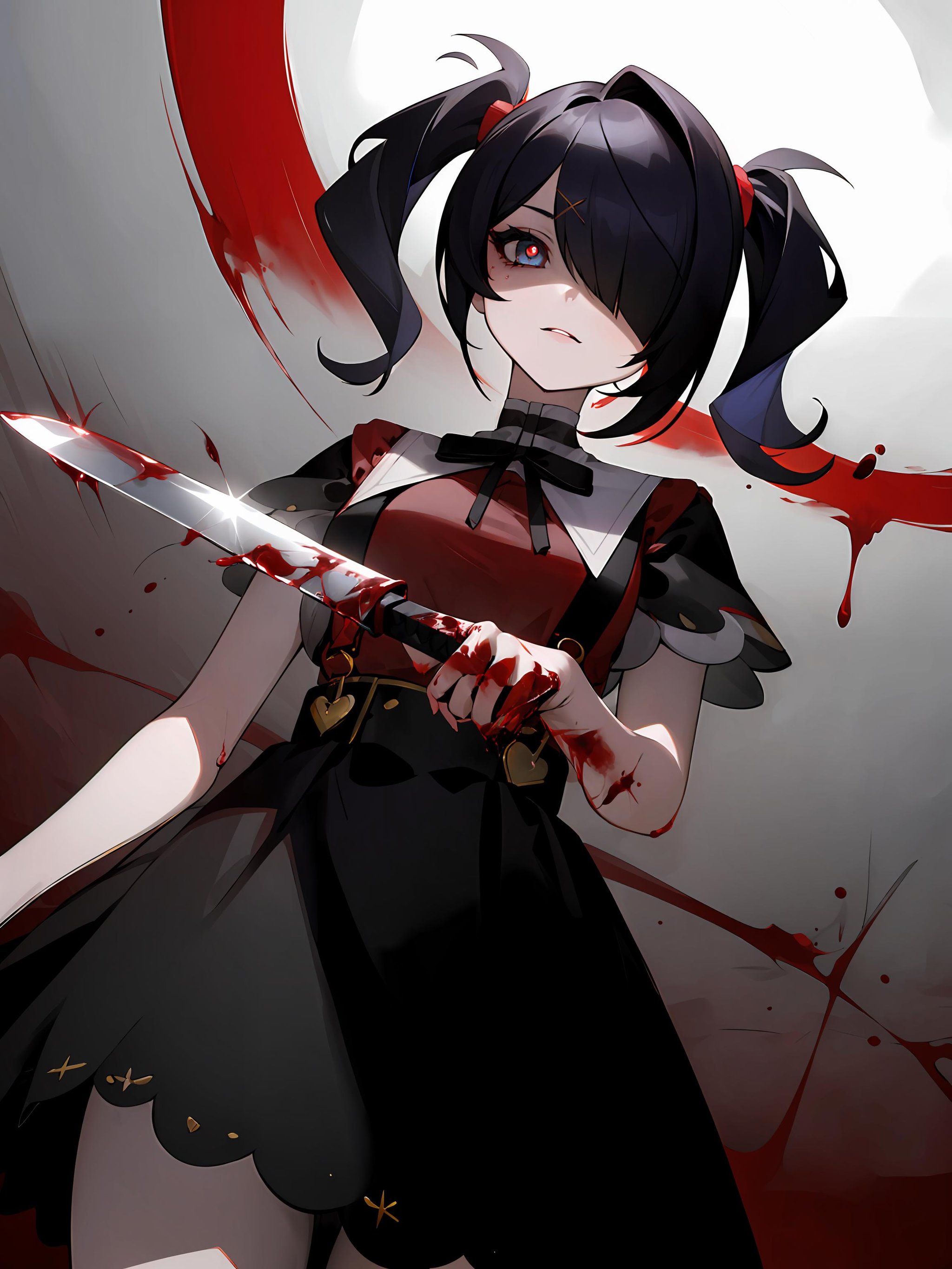 ((masterpiece,best quality)), 1girl, amechan, hair over one eye, red symbol-shaped pupils, holding knife, blood, shaded face, from below,