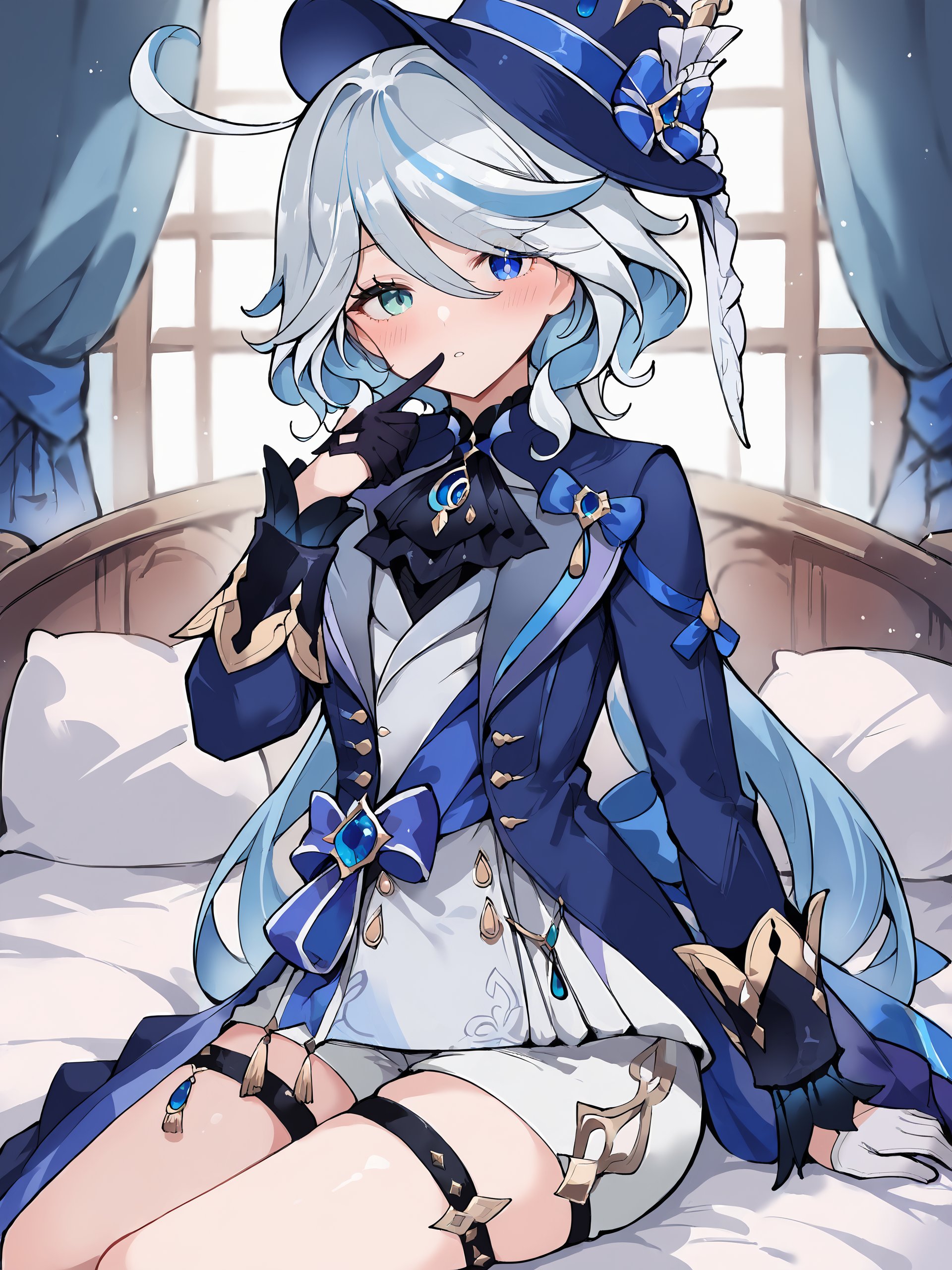 score_9, score_8_up, score_7_up, source_anime, 1girl, furina \(genshin impact\), heterochromia, mismatched gloves, top hat, blue jacket, ascot, waist bow, short shorts, thigh strap, waist cape, cowboy shot, bedroom, sitting on bed, bedroom, finger to mouth, head tilt, parted lips, looking at viewer, blush, depth of field  <lora:Char-Genshin-Furina-Pony-V1:1> <lora:style-nora_higuma:0.3> <lora:style-mikozin:0.5>