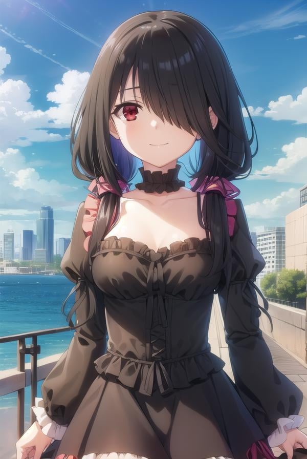 kurumitokisaki, <lora:kurumi tokisaki s2-lora-nochekaiser:1>,kurumi tokisaki casual, (tokisaki kurumi:1.2), long hair, black hair, (red eyes:1.3), long sleeves, dress, pantyhose, (hair over one eye:1.5), (black dress:1.5), black pantyhose, (puffy sleeves:1.5), choker, collarbone, skirt, black skirt, flowers, hair flowers, purple flowers, twintails, low twintails, smile,BREAK ,BREAK outdoors, city, building, sky, sun, clouds, people, crowd,BREAK looking at viewer, (cowboy shot:1.5),BREAK <lyco:GoodHands-beta2:1>, (masterpiece:1.2), best quality, high resolution, unity 8k wallpaper, (illustration:0.8), (beautiful detailed eyes:1.6), extremely detailed face, perfect lighting, extremely detailed CG, (perfect hands, perfect anatomy),