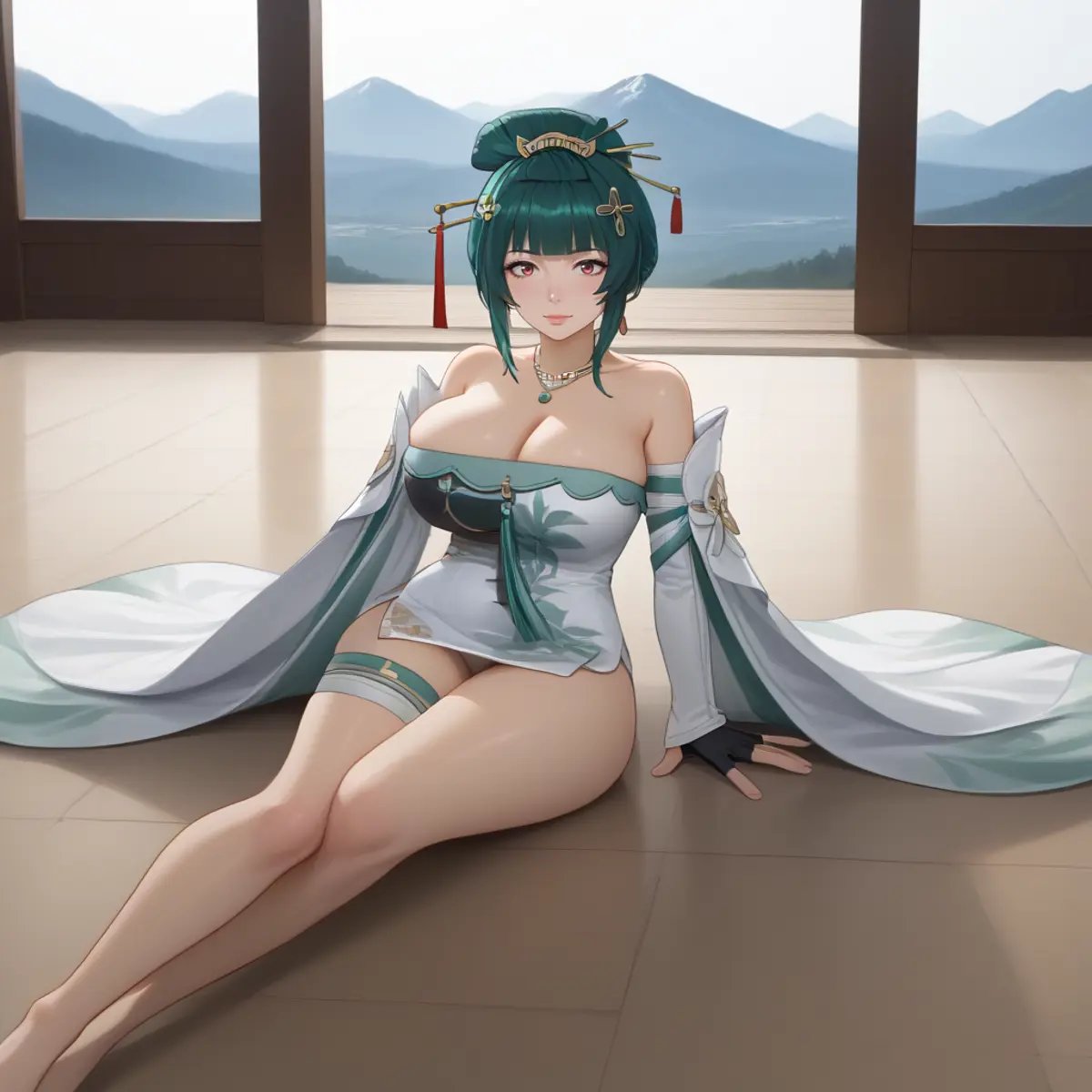 1girl, solo, Hanying, green hair, single hair bun, hair stick, hair ornament, necklace, strapless dress, white dress, cleavage, detached sleeves, fingerless gloves, on the floor , full body, thigh strap, skindentation, indoors, teahouse, window, mountains <lora:SDXL_Hyper:1> <lora:STFD_P:1> <lora:hanying-pdxl-nvwls-v1:1>