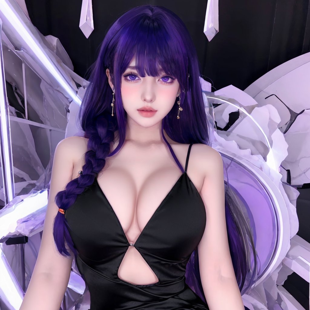 1girl,earrings,jewelry,long_hair,solo,dress,braid,purple_hair,side_slit,bangs,purple_eyes,breasts,black_dress,<lora:cos圣体:0.8>,