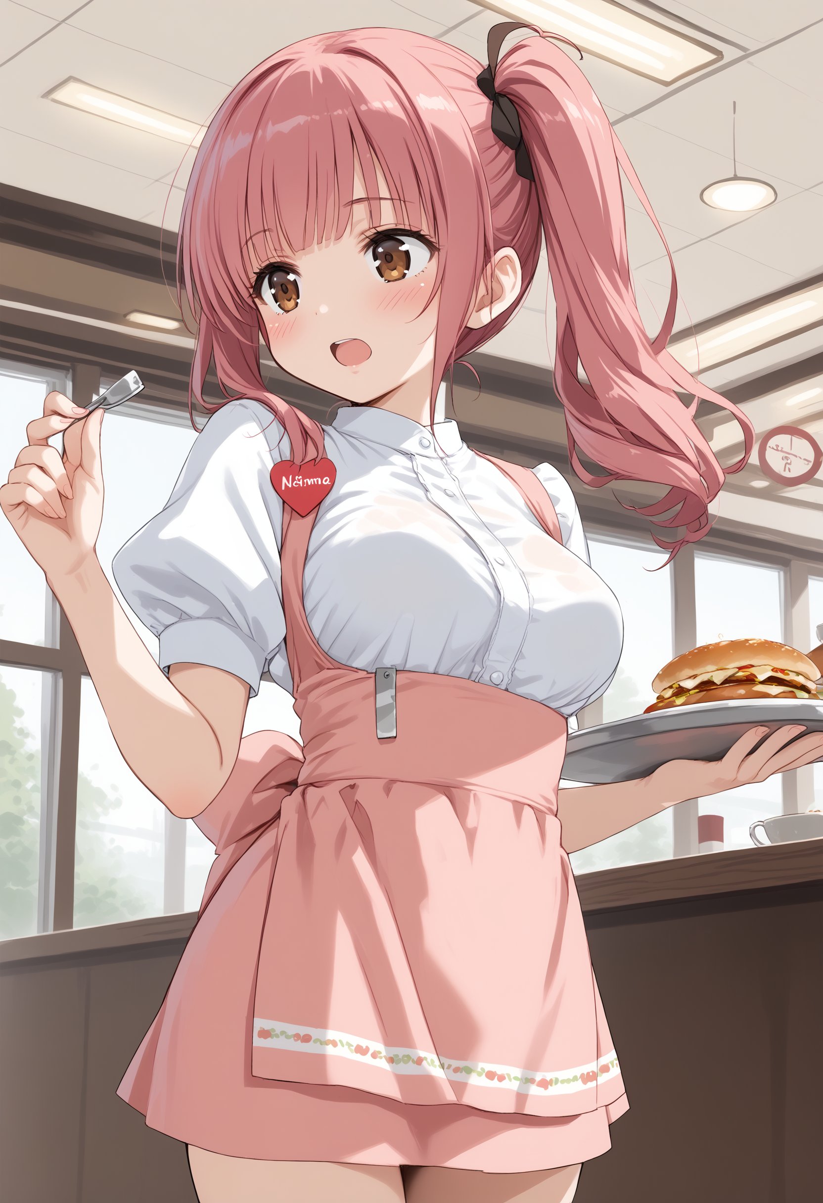 1girl, medium breasts,anna miller ,waitress,name tag,high-waist skirt,suspender skirt, apron,restaurant,  <lora:annamiller_Pony_v1:0.8>ceiling, cowboy shot, looking ahead, pink hair, brown eyes,blush, open mouth, side ponytail hair,