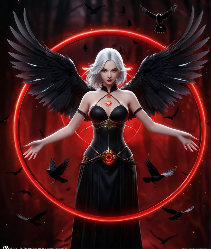 (Game CG style:1.2),Game CG style,this is a dark fantasy female character holding out her hands,surrounded by a circular red magic circle. she has silver hair,wears a black dress with gold accents,and has two large black wings on her back. her eyes are red,emitting a sinister glow. in the background,there are dark trees and flying crows. there is a watermark at the bottom left corner of the image. overall tone: dark,mysterious,and magical. camera specifications: dslr or mirrorless camera,standard zoom lens,f/2.8 aperture,iso 400 sensitivity,and a shutter speed of 1/60 seconds,