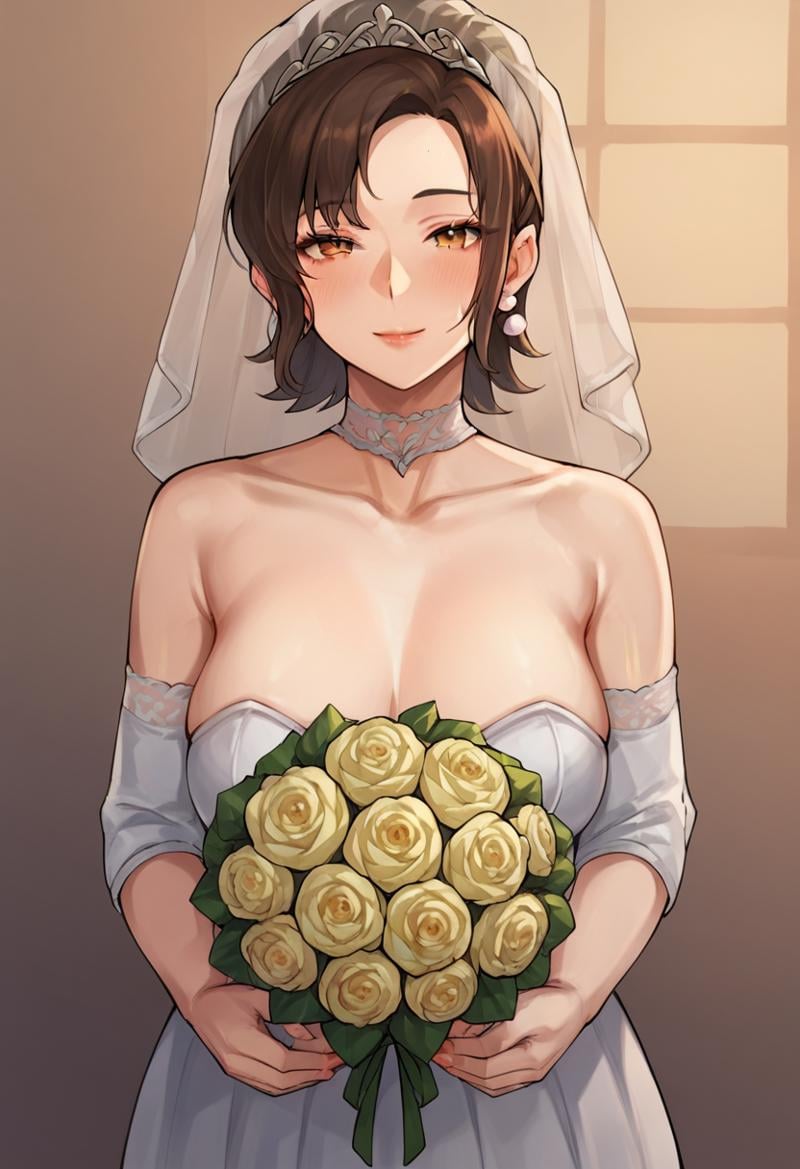 <lora:Paldea_Mother_Pokemon_ScarletViolet_PDXL:0.7> mother_sv, solo, wedding dress, holding huge bouquet, facing viewer, looking at viewer, upper body, bridal veil, score_9, score_8_up, score_7_up, score_6_up, score_5_up, score_4_up, BREAK, uncensored