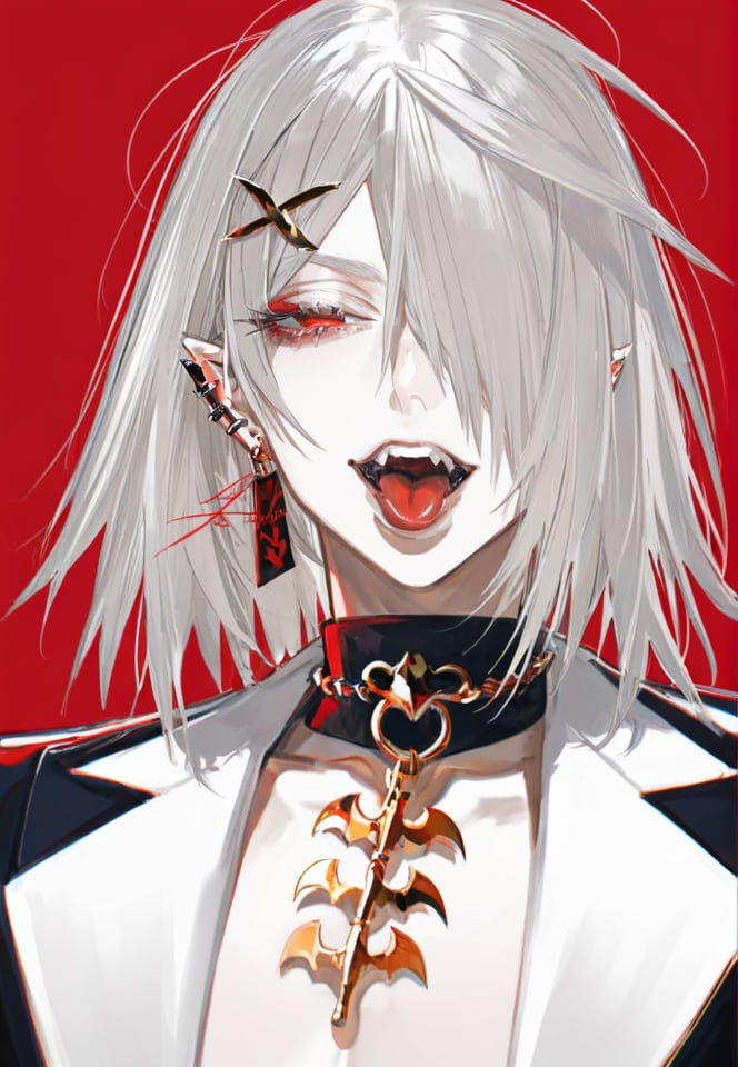 (best quality), ((masterpiece)), (highres), illustration, original, extremely detailed,   <lora:邪恶美学:0.7>1boy, tongue, male focus, kuzuha \(nijisanji\), solo, red eyes, tongue out, piercing, jewelry, vampire, virtual youtuber, earrings, ear piercing, pointy ears, hair over one eye, white hair, fangs, open mouth, upper body, looking at viewer, signature, hair ornament, grey hair, simple background, eyelashes, tongue piercing, x hair ornament