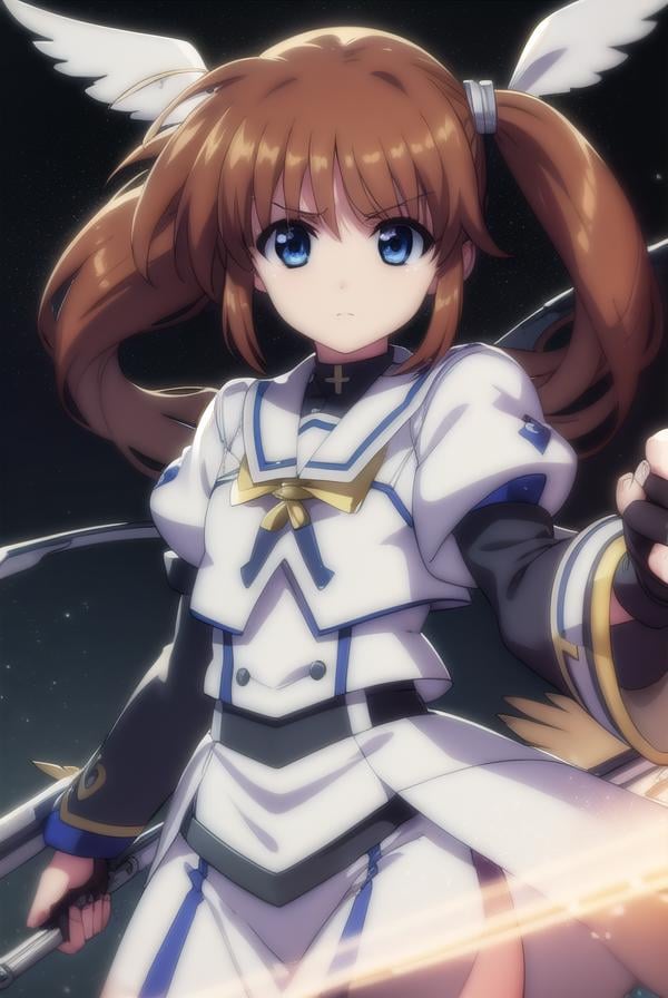 nanohatakamachi, <lora:nanoha takamachi movie2-lora-nochekaiser:1>,nanoha takamachi, takamachi nanoha, brown hair, twintails, blue eyes,BREAK gloves, long sleeves, wings, fingerless gloves, magical girl, winged footwear,BREAK outdoors, city, night, starry sky,BREAK looking at viewer, (cowboy shot:1.5),BREAK <lyco:GoodHands-beta2:1>, (masterpiece:1.2), best quality, high resolution, unity 8k wallpaper, (illustration:0.8), (beautiful detailed eyes:1.6), extremely detailed face, perfect lighting, extremely detailed CG, (perfect hands, perfect anatomy),