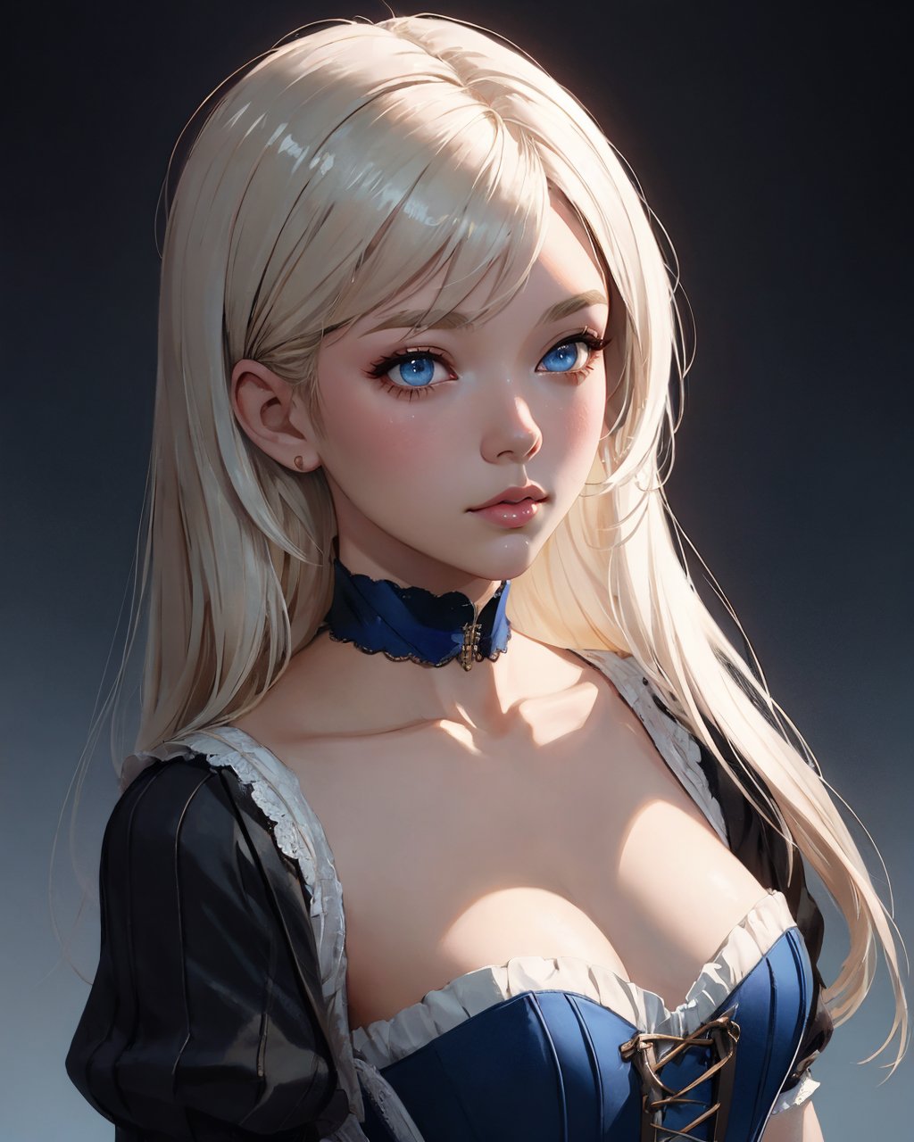 Digital painting,Ilya Kuvshinov style,platinum blonde hair,blue eyes,renaissance outfit,blue corset,soft natural lighting,minimalistic background,calm confidence,[[[close-up portrait]]],upward camera angle,fantasy realism,ethereal beauty,, ,<lora:GoodHands-vanilla:1.2>,masterpiece, best quality, no default,