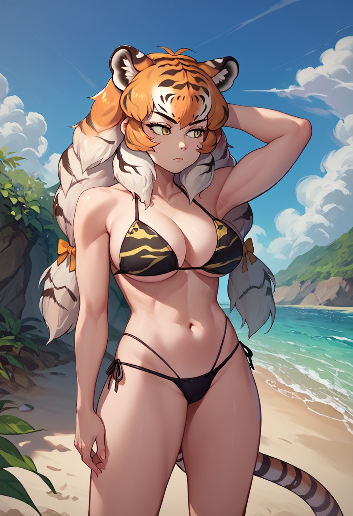 score_9, score_8_up, score_7_up, solo, 1girl, kfsibtiger, tiger girl, tiger print, expressionless, looking away, standing, arm behind head, twintails, hair bow, animal ears, animal ear fluff, black bikini, tiger tail, large breasts, outdoors, beach <lora:kemonofriends_siberiantiger_ponyXL:1>