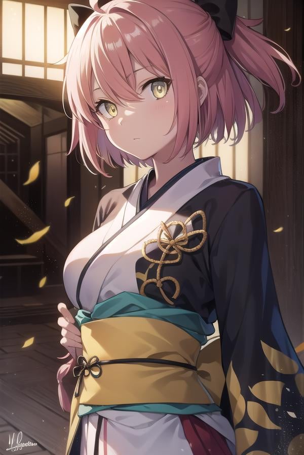 okitasouji, <lora:okitasoujitest:1>, okita souji, ahoge, black bow, pink hair, hair between eyes, hair bow, short hair, (yellow eyes:1.5),BREAK japanese clothes, black bow, kimono, sash, pink kimono,BREAK outdoors, city,BREAK looking at viewer,BREAK <lora:GoodHands-vanilla:1>, (masterpiece:1.2), best quality, high resolution, unity 8k wallpaper, (illustration:0.8), (beautiful detailed eyes:1.6), extremely detailed face, perfect lighting, extremely detailed CG, (perfect hands, perfect anatomy),