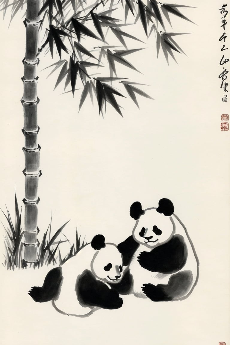 ((HRD, HUD, 8K)),((masterpiece, best quality)), highly detailed, soft light,InkAndWash, bamboo, no humans, panda, traditional media, monochrome, simple background, plant,  <lora:20240415-1713175931242:0.8>