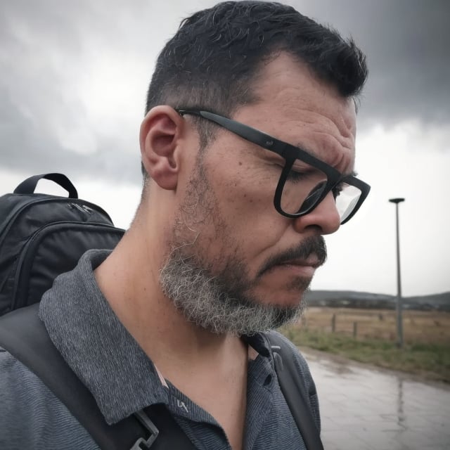 A close-up of a weary traveler, man, glasses, bent under the weight of a heavy backpack, yet wearing a determined expression that reflects the acceptance of their chosen path.An image of a person with their eyes closed, standing amidst a swirling storm, with rain and wind lashing against them, symbolizing the acceptance of life's storms and challenges., perfect composition, beautiful detailed intricate insanely detailed octane render trending on artstation, 8 k artistic photography, photorealistic concept art, soft natural volumetric cinematic perfect light, chiaroscuro, award - winning photograph, masterpiece, oil on canvas, raphael, caravaggio, greg rutkowski, beeple, beksinski, giger.,gutto2024cyb,<lora:EMS-304010-EMS:0.800000>