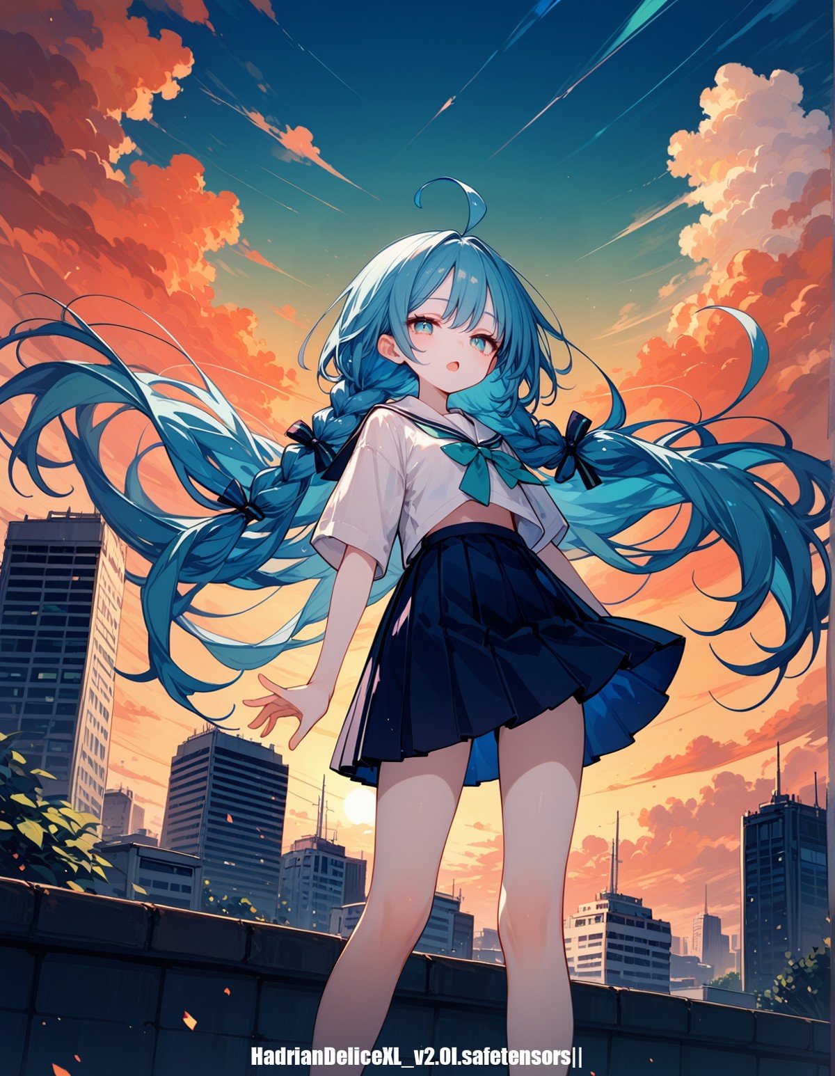 score_9,score_8_up,score_7_up,score_6_up, hadrian, highres,1 thin/ skinny/ very long hair/ (pale skin)/ body blush/  student teenage,ahoge,braid,blue hair,  rooftop,school,cityscape, horizon,cloudy sky, small hair,from below,pleated skirt, expressionless, reaching out, sunrise,aqua to green gradient sky, half-closed eyes,:<,open mouth,