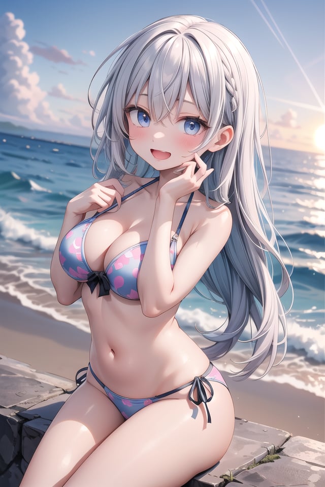insanely detailed, absurdres, ultra-highres, ultra-detailed, best quality,1girl, solo, nice hands, perfect handsBREAK(pastel colored bikini:1.3)BREAKhappy smile, laugh, open mouth,sitting on beach, seductive pose, cowboy shotBREAKslender, kawaii, perfect symmetrical face, ultra cute girl, ultra cute face, ultra detailed eyes, ultra detailed hair, ultra cute, ultra beautifulBREAKEvening sea Capture the mesmerizing beauty of the ocean as the sun sets, painting the sky with warm hues, depth of field, ultra detailed backgroundBREAKmedium breasts, cleavage, extremely detailed navelBREAKrainbow color hair, multiple color hair, rainbow color eyes, spiked hair, hair between eyes