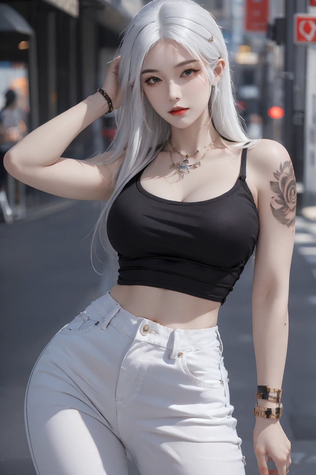 (masterpiece),(best quality),(ultra detailed),realistic,1woman,solo,hips up,closed mouth,street wear,tattoo,jeans,accessories,<lora:ntmix:0.7>,white hair,