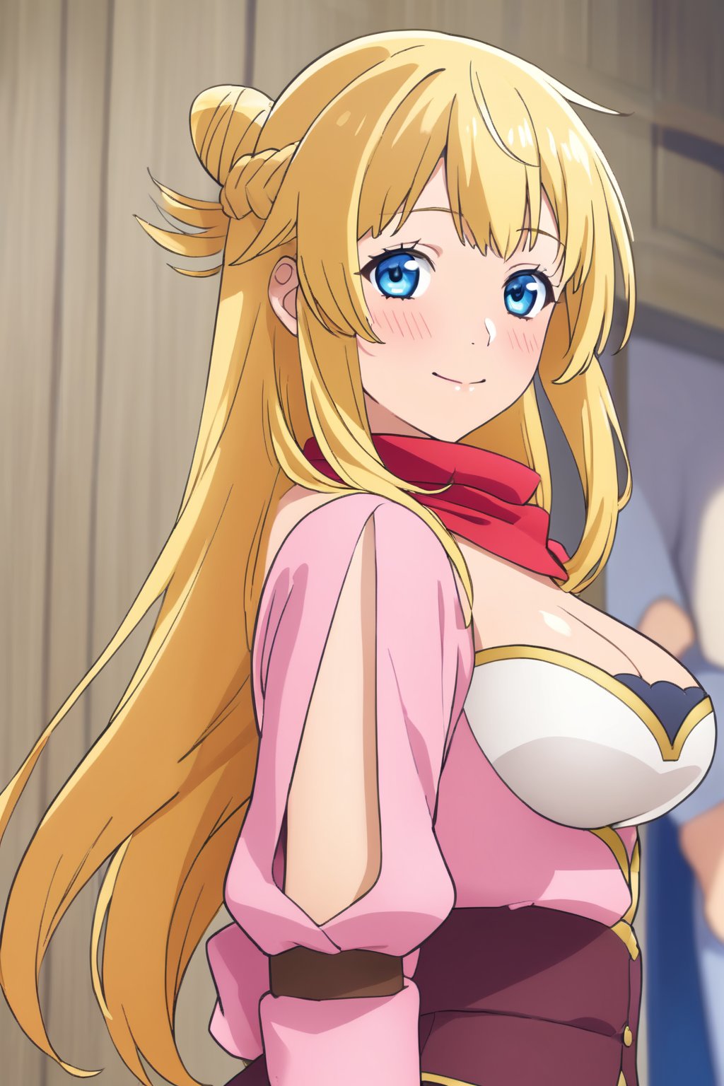 ritto, single hair bun,1girl, blonde hair, solo, blue eyes, long hair, smile, looking at viewer, hair bun, blush, closed mouth, red scarf, sky, cowboy shot, pink shirt, pink skirt,masterpiece, perfect face, best quality, beautiful girl, cute girl, beautiful eyes, shiny eyes, anime coloring, anime screencap, absurdres, award winning, <lora:ritto s2 ghost 903:0.8>