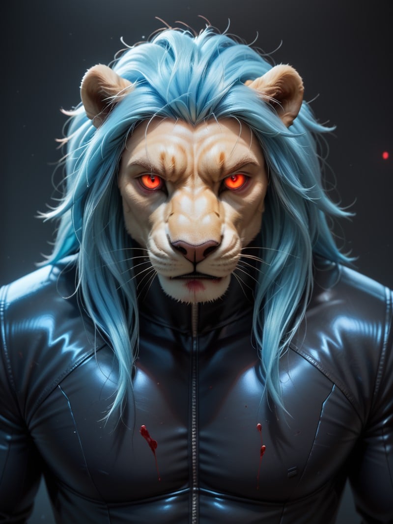 score_9, score_8_up, score_7_up, photorealistic, high quality, raw photo, furry, male, lion, albino, (long blue hair:1.3), glowing red eye, Cyberpunk, spy agent, black bodysuit, look down, stare at viewer, blood