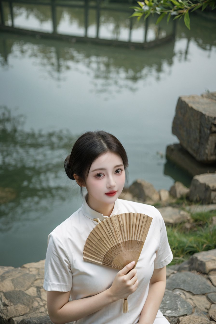 <lora:yuanlin_muggle:0.6>,yuanlin muggle,upper body,looking at viewer,smile,yuanlin muggle, 1girl,  black hair, sitting, closed eyes, holding, hair bun, chinese clothes, folding fan, single hair bun, realistic, blurry, dress, lips, short sleeves, rock, blurry background, outdoors