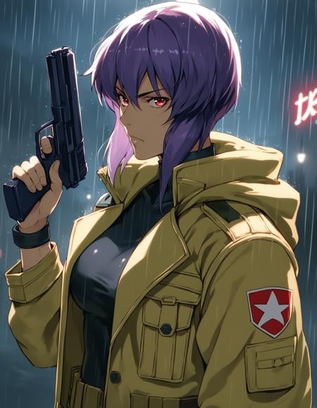 score_9,  score_8_up, score_7_up, source_anime, <lora:confetti-extract-ponyxl:1> 1girl, solo, kusanagi motoko, ghost in the shell, purple hair, red eyes, military uniform, yellow coat, handgun, trigger discipline, serious, night, rain, neon lights, cinematic lighting