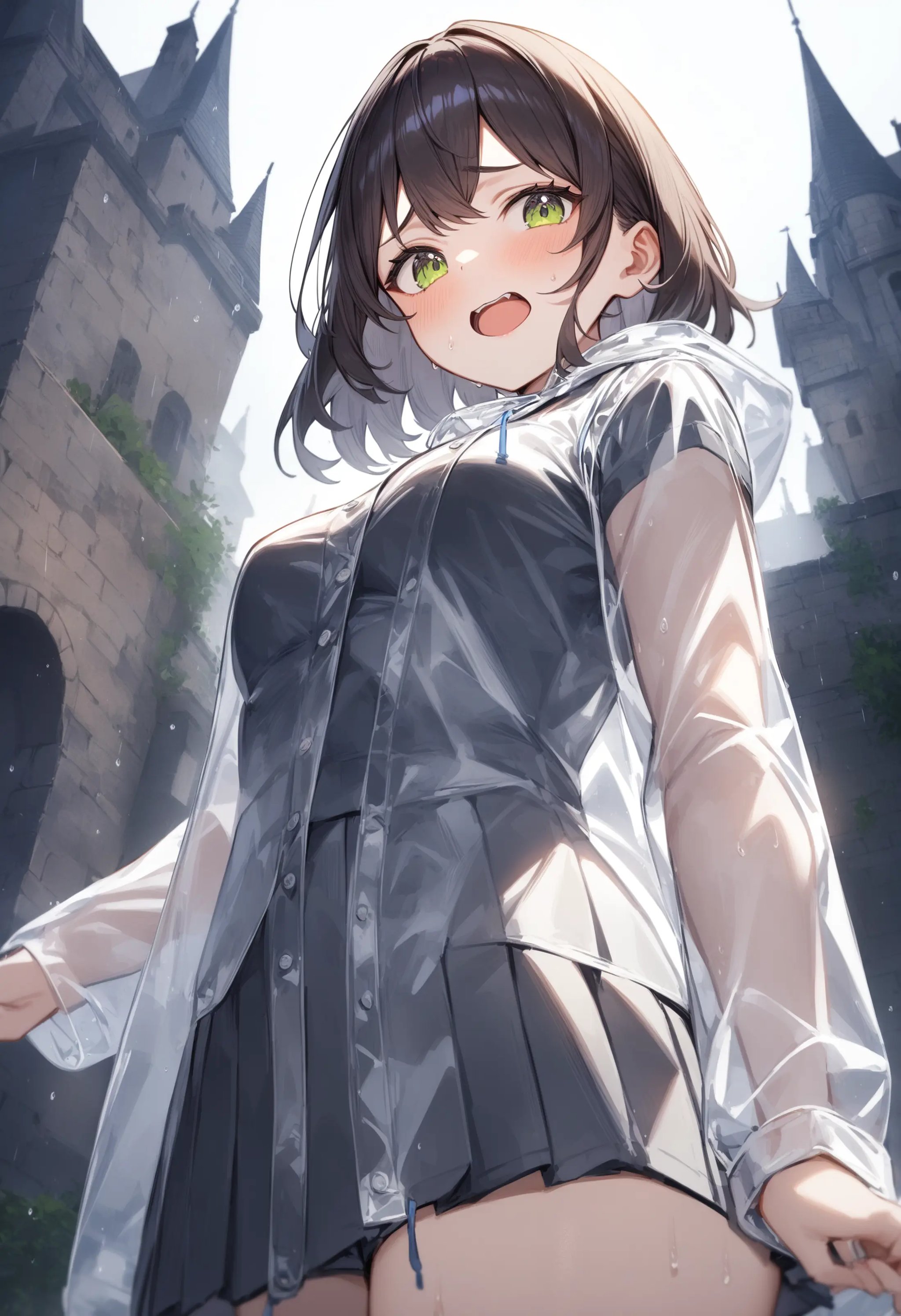 1girl, <lora:sdxl2-flat2-512b:-1>,medium breasts,school uniform,transparent raincoat,<lora:transparentraincoat_XL_v1:0.7>from below, cowboy shot, looking back, troubled eyebrows, castle, open mouth,masterpiece, best quality, very aesthetic, absurdres