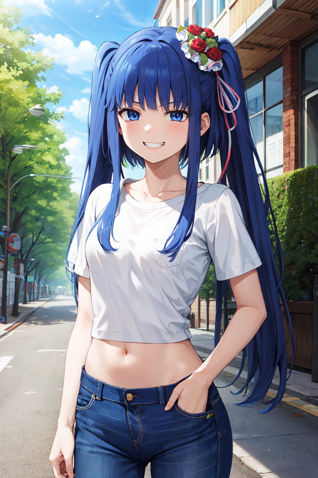 masterpiece, best quality, highres, aaerika, long hair, twintails, hair ornament, <lora:furudo_erika_v1:0.7>, white shirt, t-shirt, midriff, jean, hand in pocket, grin, street.