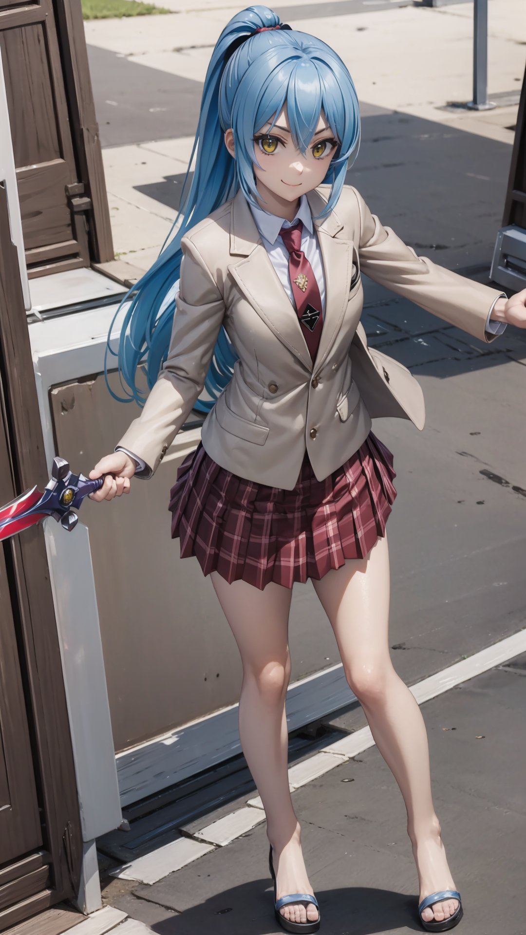 (masterpiece, best quality),ray tracing,absurdres, HDR,rimuru tempest, campus, skirt, 1girl,large breasts,  blue hair, school uniform, plaid skirt, necktie, long hair, smile, plaid, yellow eyes, , jacket, pleated skirt, full body, , ponytail, , standing, blazer, looking at viewer, solo, , hair between eyes, ,red necktie, shirt, bangs, sandals, red skirt, white shirt, collared shirt, closed mouth,  , long sleeves, miniskirt,outoors, ,wucaitianjing, weapon, sword,holding, holding sword, <lora:rimuru campus:0.7> <lora:sandals_v2:0.7> <lora:wucaitianjing_v2:0.7>