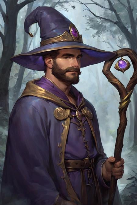 score_9, score_8_up, score_7_up, 1boy, solo, male focus, mature male, wizard, long hair, brown hair, black eyes, looking at viewer, hat, facial hair, beard, mustache, staff, wizard hat, purple hat, robe, purple robe, cloak, holding, holding staff, upper body, standong, outdoors,  forest, nature, tree, fog, dark background <lora:Eldritch Oil Style LoRA_Pony XL v6:1>