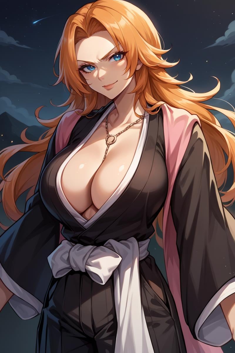 score_9, score_8_up, score_7_up, score_6_up, source_anime BREAK 1girl, solo,  <lora:rangiku-pdxl-nvwls-v1-000006:1> defran, long hair, orange hair, blue eyes, mole under mouth, necklace, black robes, hakama pants, pink scarf, cleavage, white sash, large breasts, smirk, looking at you, night sky, black background, upper body