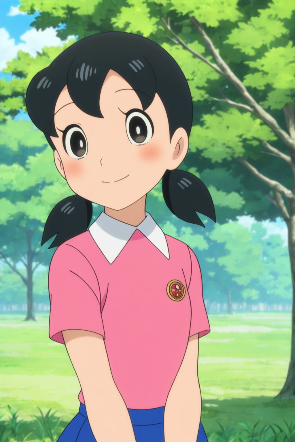 minamoto shizuka,1girl, solo,1girl, solo, twintails, black hair, skirt, smile, outdoors, shirt, blue skirt, looking at viewer, black eyes, pleated skirt, short sleeves, pink shirt, blush, closed mouth, day, tree, collared shirt, short twintails, low twintails, upper body, grass,child,masterpiece, perfect face, best quality, beautiful eyes, shiny eyes, anime coloring, anime screencap, absurdres, award winning,masterpiece, perfect face, best quality, beautiful girl, cute girl, beautiful eyes, shiny eyes, anime coloring, anime screencap, absurdres, <lora:minamoto shizuka niji 905:0.8>