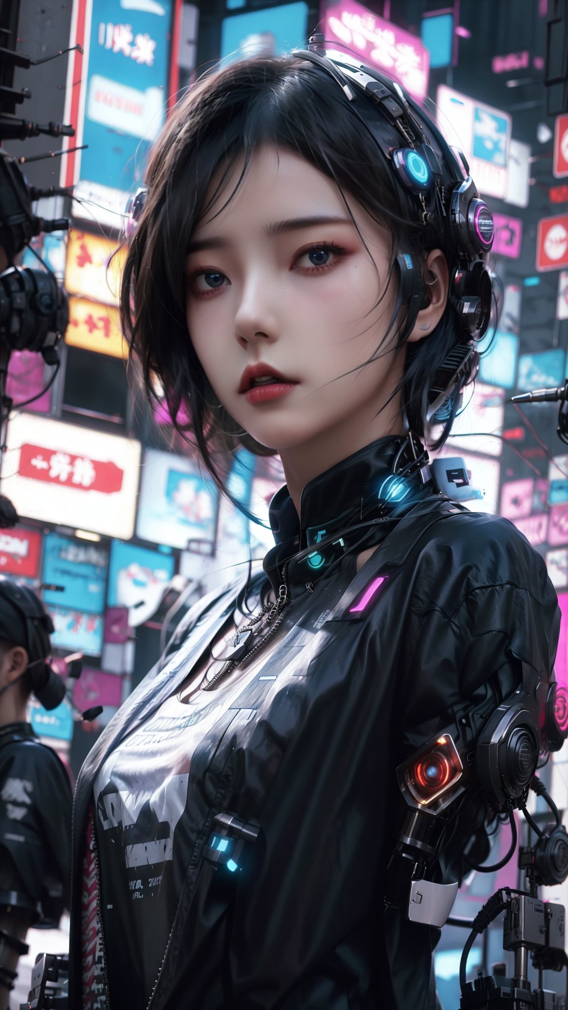 parameters: "A girl with short black hair and an oversized T-shirt, (Cyberpunk)